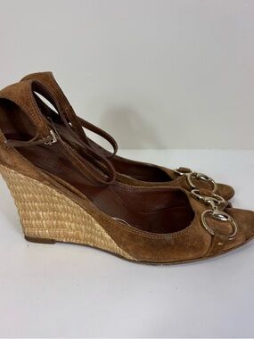 Gucci Brown Suede Open Toe Heeled Wedge Sandals with Gold Hardware 7.5